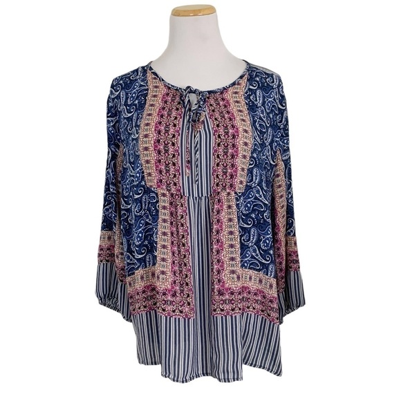 Grand & Greene Peasant Top Boho Mixed Print Size 1X - Picture 1 of 16